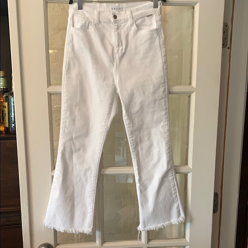 Cello White Flare Wide Leg Jeans with Distressed Hem